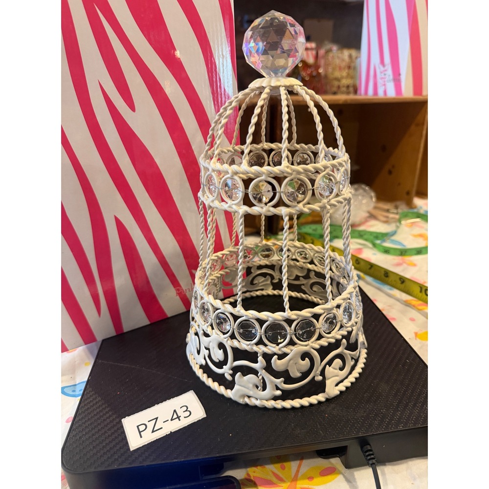 Pink Zebra White Metal Crystal Birdcage Shabby Chic Decorative